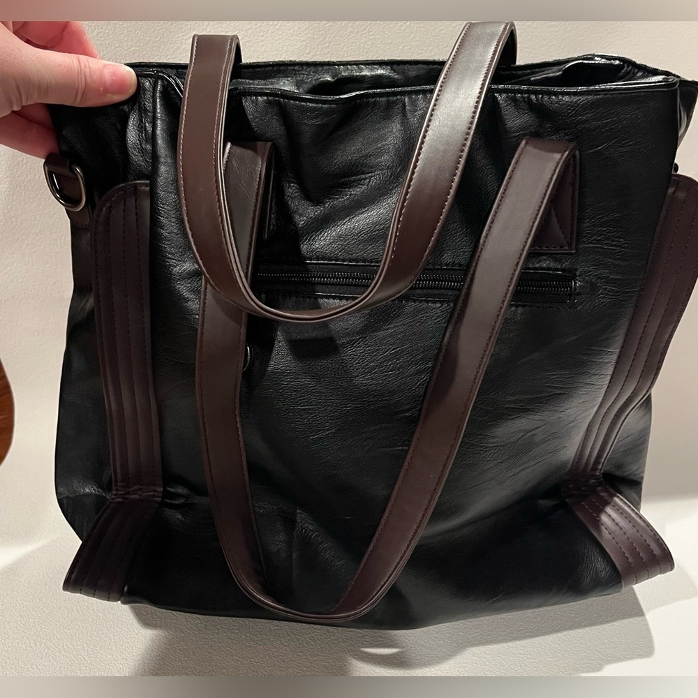 NEW Yaldomt Black/Brown Leather Bag Multi Pocket Zipper Closure - Picture 5 of 8